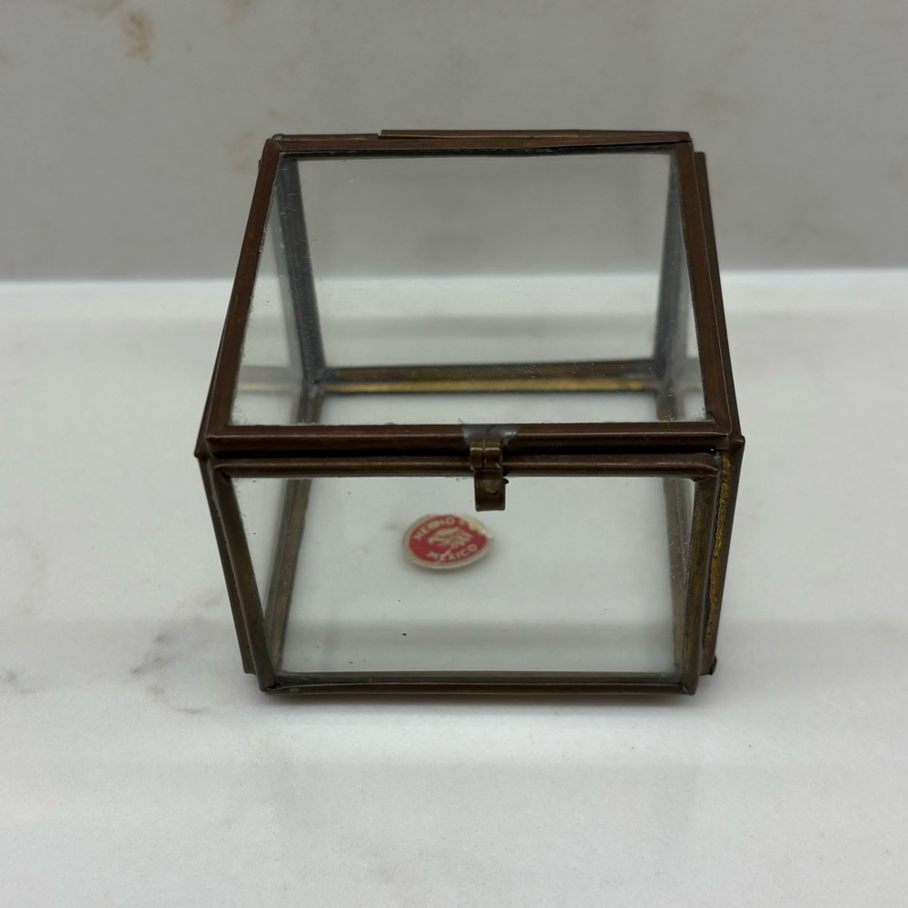 Vintage Mexico Square Glass Brass Framed Small Vanity Box Jewelry Trinket Case